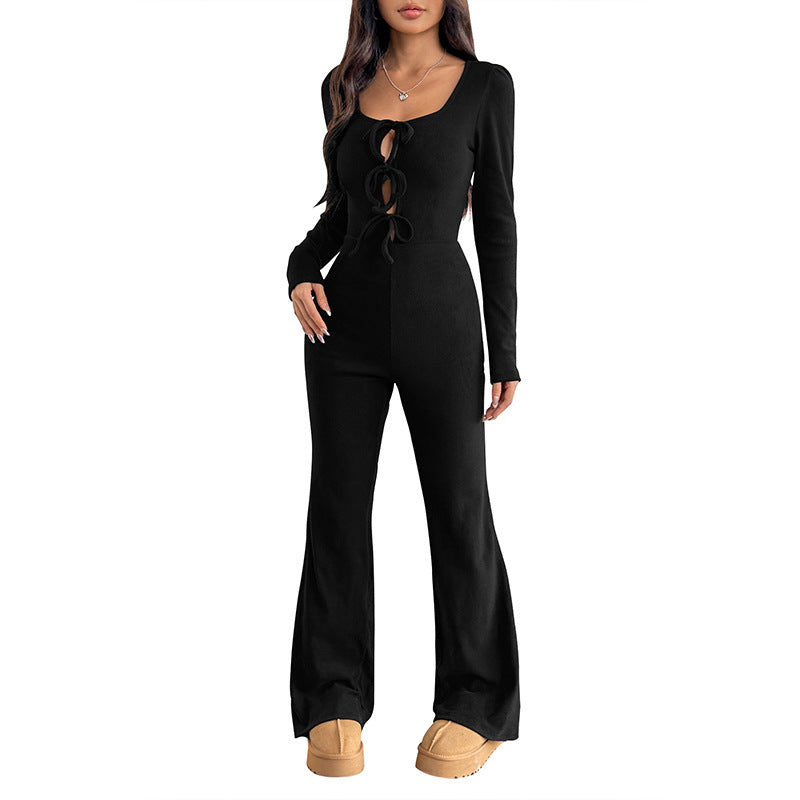 Damen Jumpsuit mit dekorativer Schnürung und langen Ärmeln Stalluxe