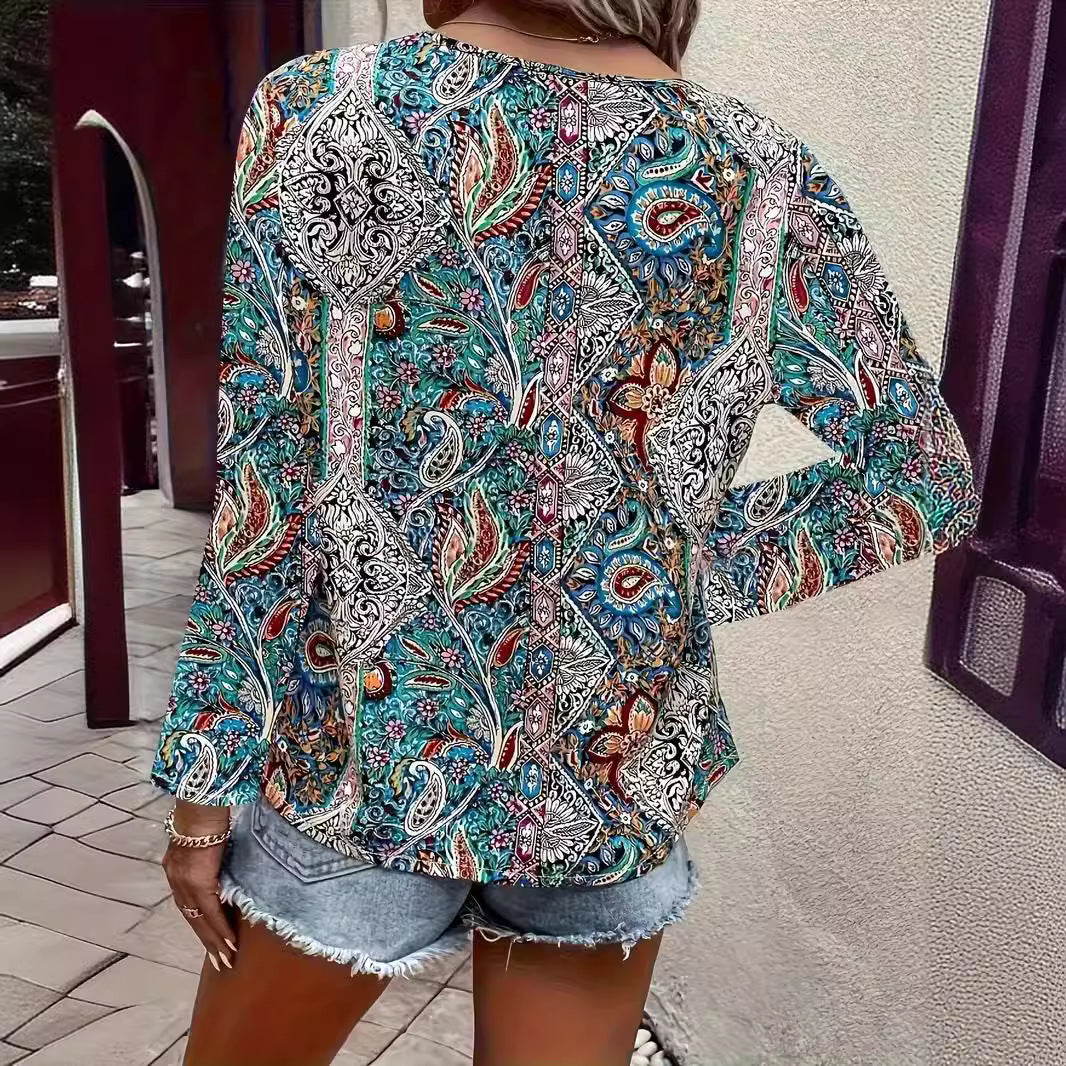 Damen Elegante Bluse mit auffälligem Paisleymuster und V-Ausschnitt Stalluxe