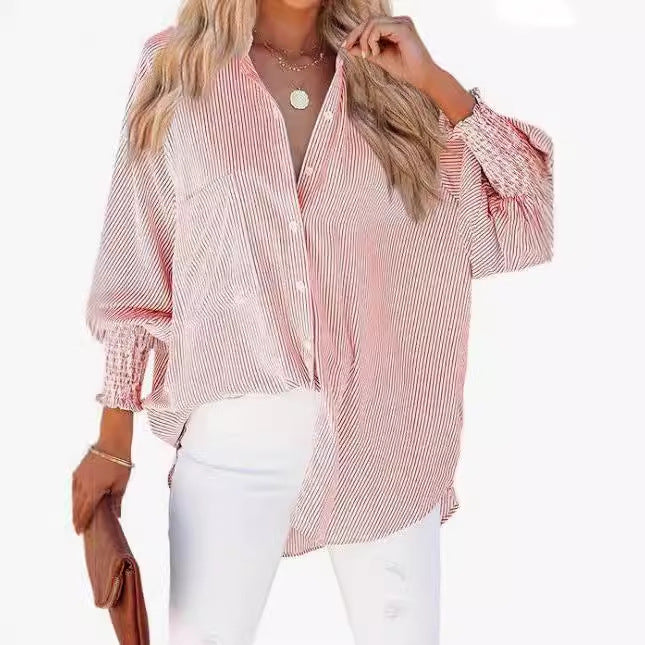 Damen Übergroße Hemdbluse mit gestreiften Mustern und elastischen Ärmeln Stalluxe