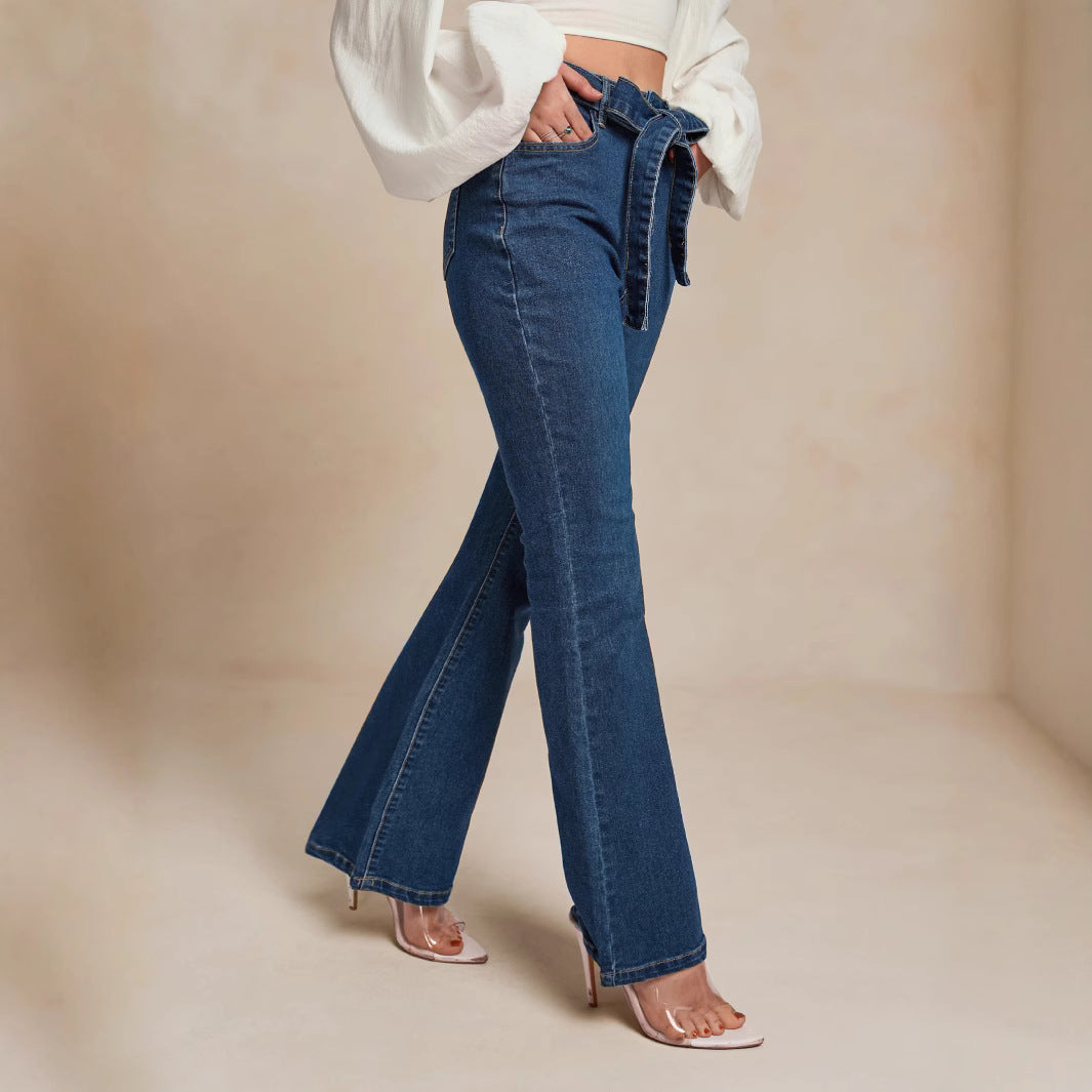 Damen Hohe Taille Jeans mit lässigem Schlag und dekorativem Bund Stalluxe