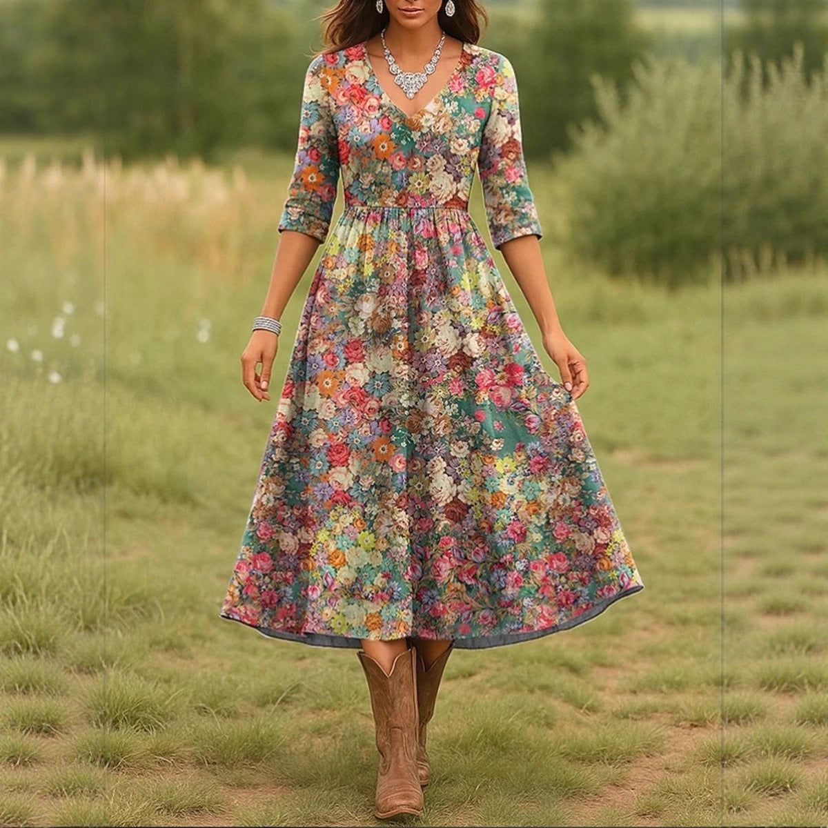 Damen Maxikleid mit floralem Design und elegantem V-Ausschnitt Stalluxe