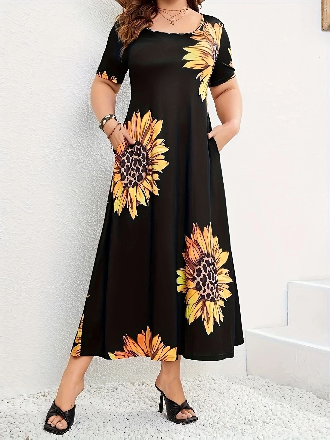 Damen Sommerliches Maxikleid mit floralem Sonnenblumenmuster und praktischen Taschen Stalluxe