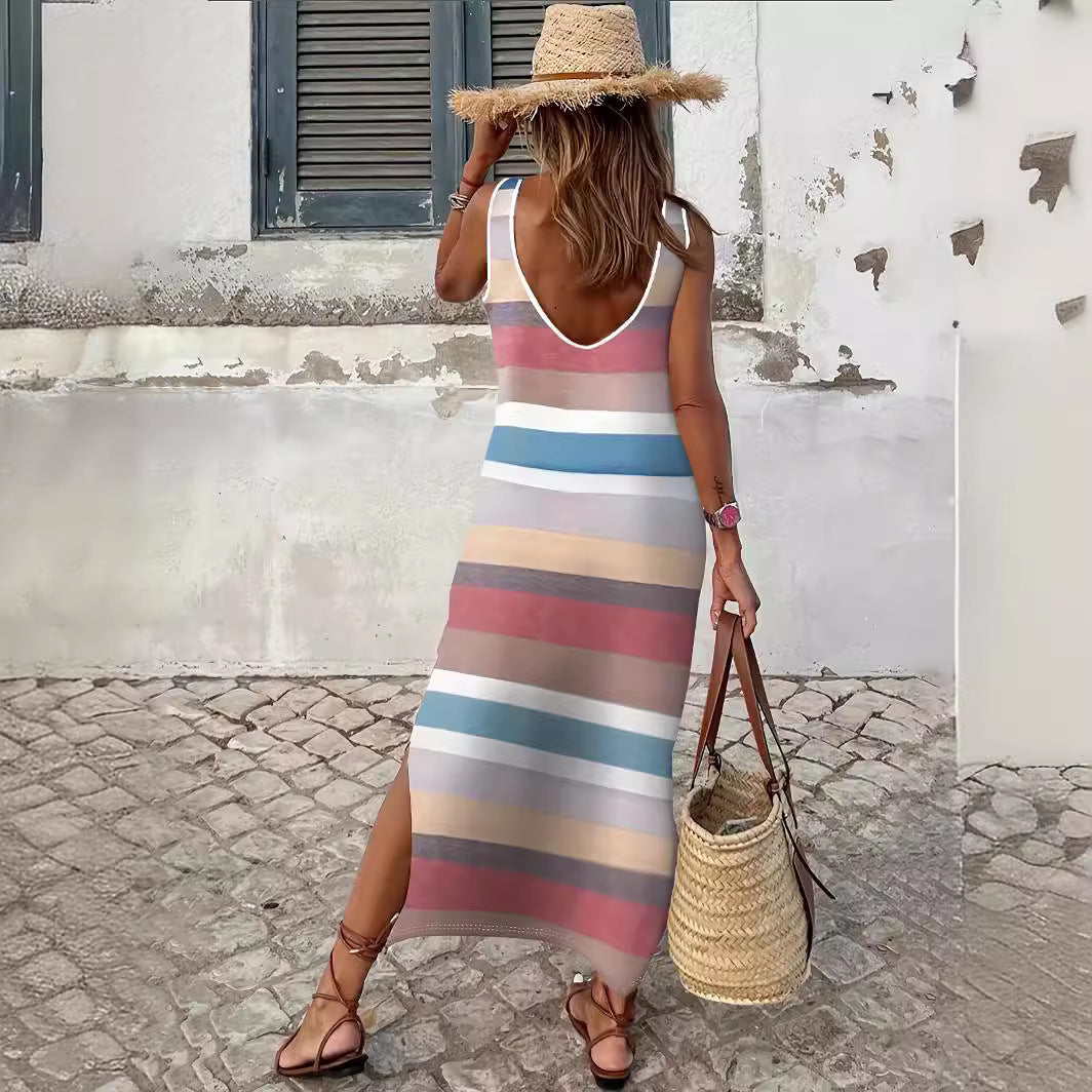 Damen Maxikleid mit modischem Streifenmuster und schickem Schlitz Stalluxe