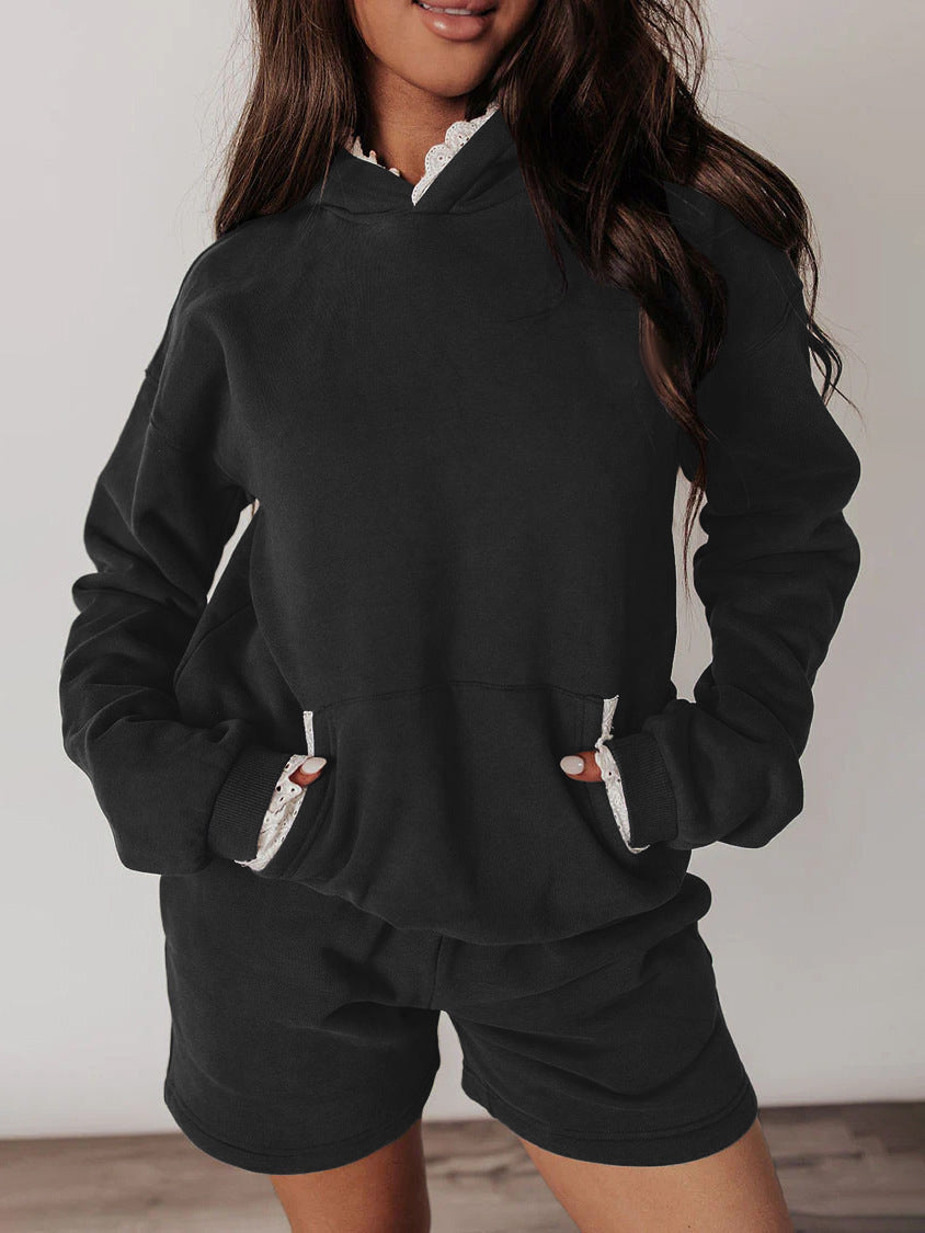 Damen Lässiges Hoodie-Set mit dekorativem Spitzensaum Stalluxe