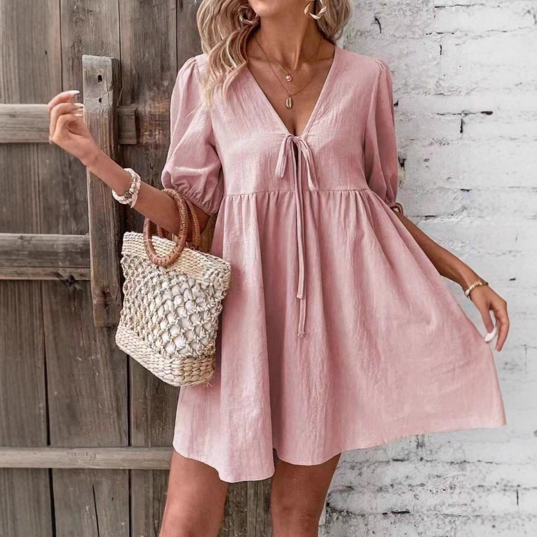 Damen luftiges Sommerkleid mit V-Ausschnitt und Raffungen Stalluxe