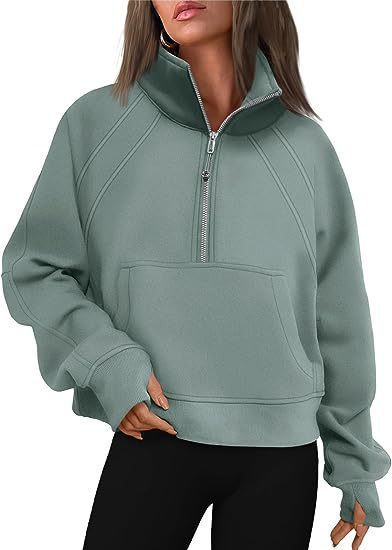 Damen sportlicher Pullover mit halbem Reißverschluss und Kängurutasche Stalluxe