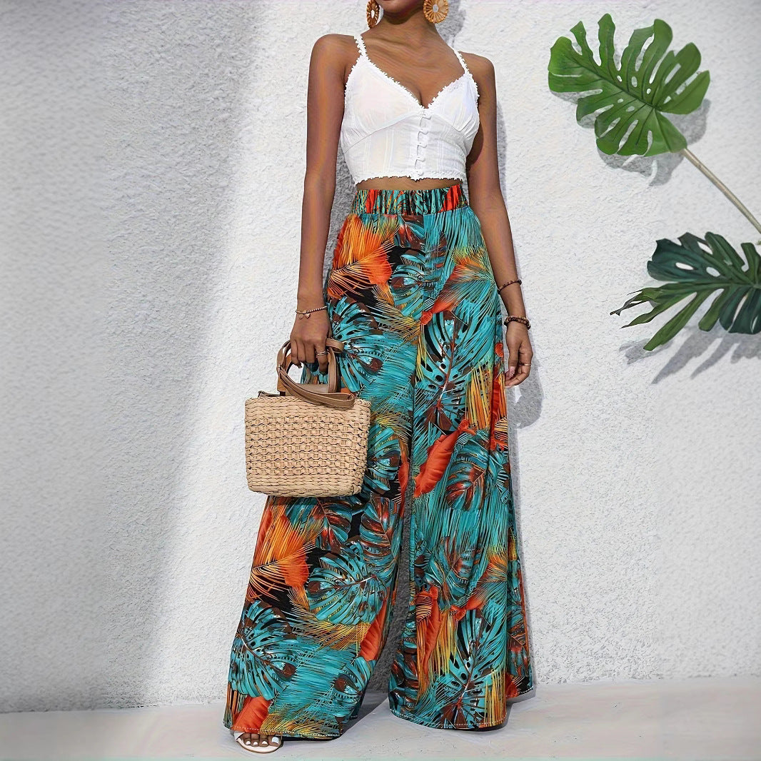 Damen Palazzo-Hose mit lebendigem Palmenmuster und elastischem High-Waist-Bund Stalluxe