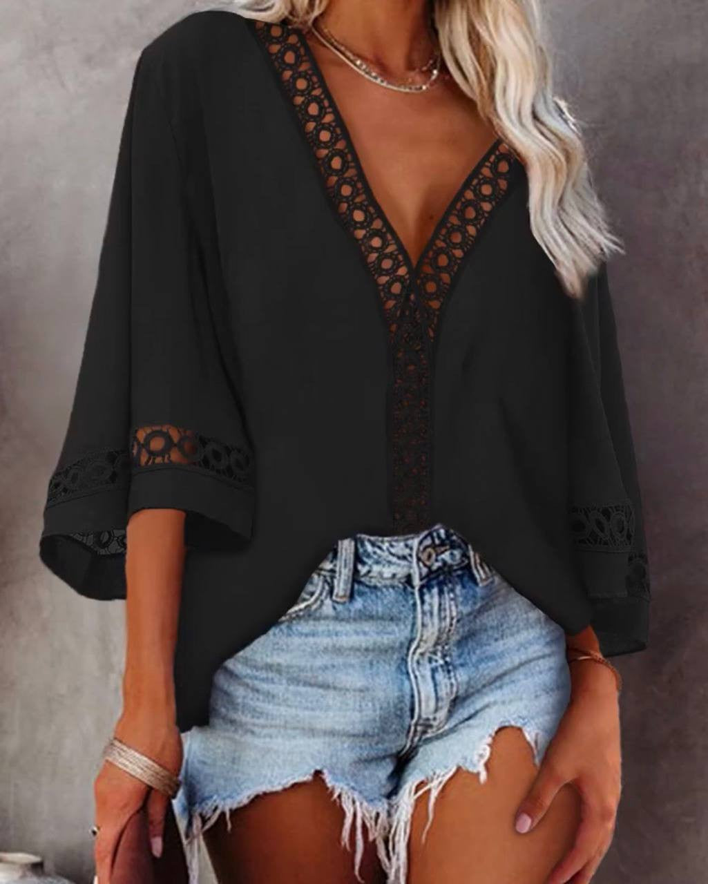 Damen Elegante Bluse mit Spitzen- und V-Ausschnitt Stalluxe