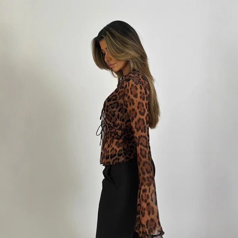 Damen langärmelige Bluse mit Leopardenprint und Bindeband Stalluxe