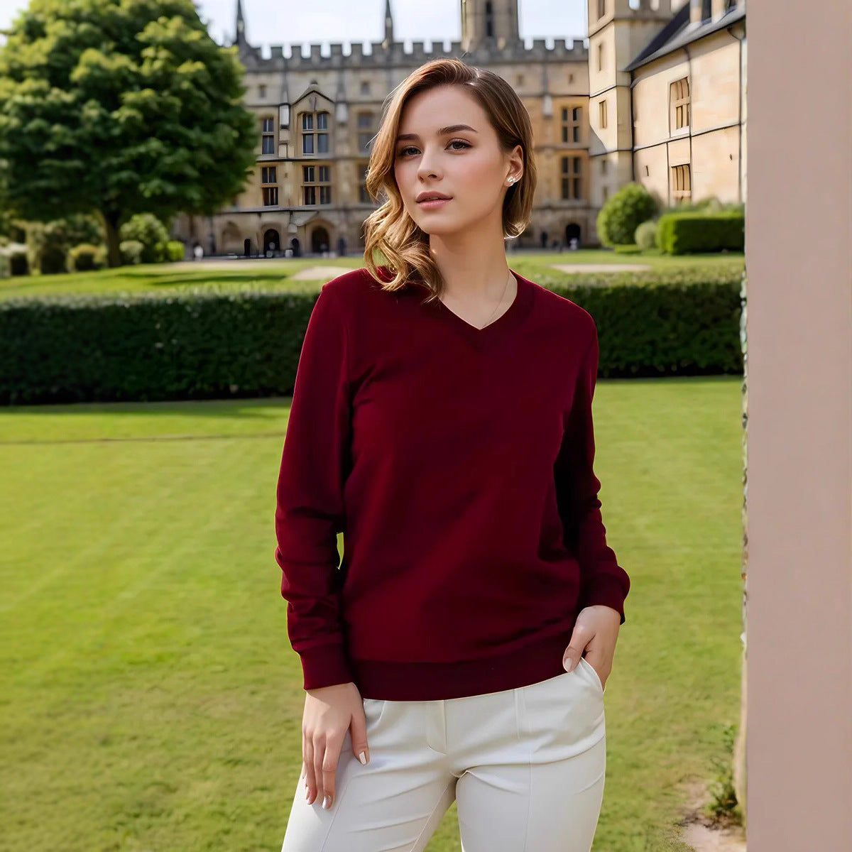 Damen lässiger V-Ausschnitt Pullover mit modernen Rippdetail Stalluxe