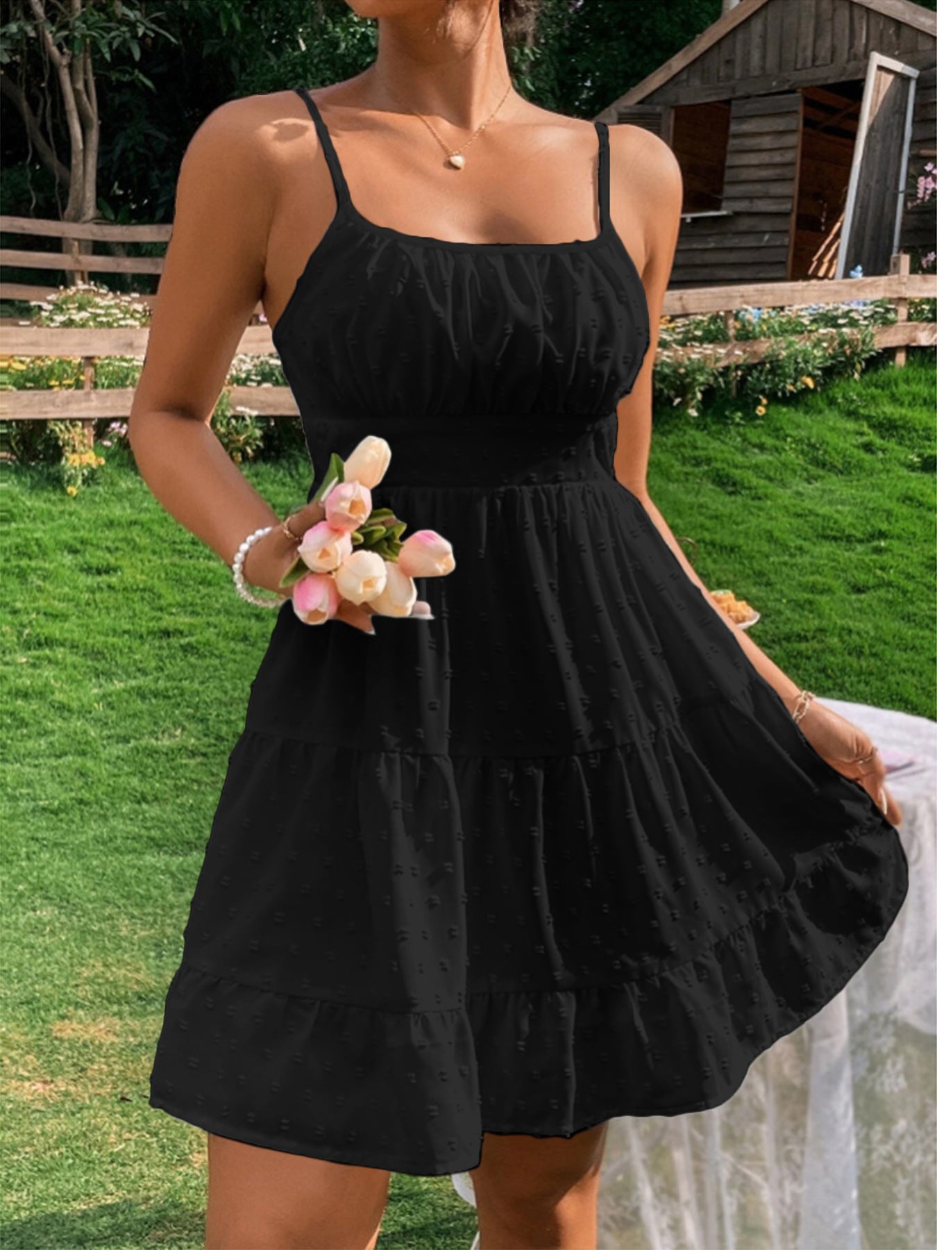 Damen Sommerkleid mit Rüschen und verstellbaren Spaghettiträgern Stalluxe