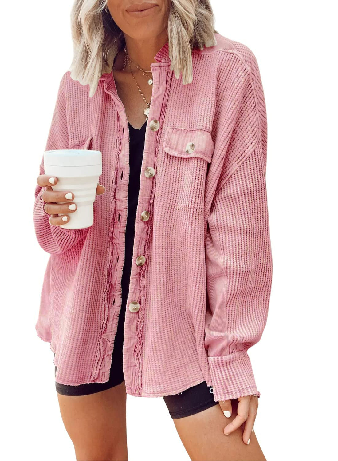 Damen Lässige Waffle-Strickjacke mit praktischen Taschen und Knopfdetails Stalluxe