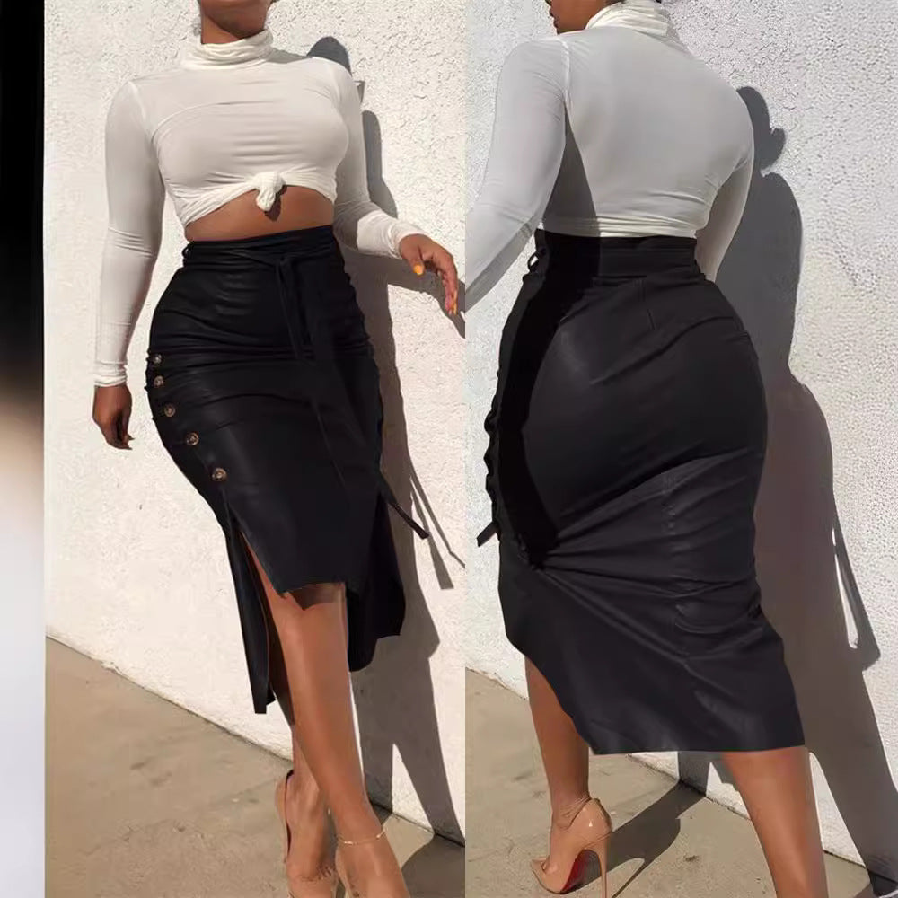 Damen Kunstlederrock mit Knopfdetails und seitlichem Schlitz Stalluxe