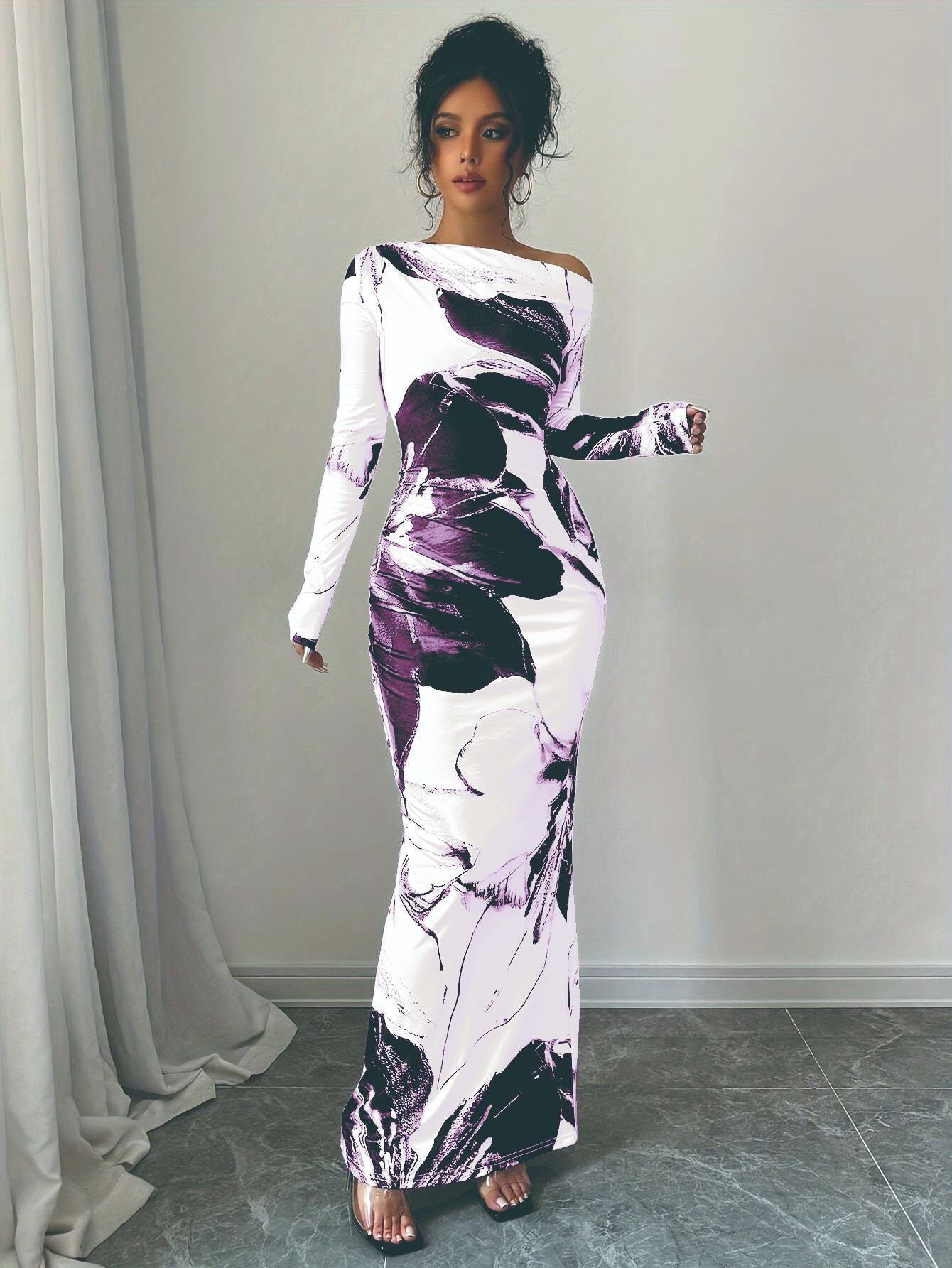 Damen elegantes Langarmkleid mit floralem Motiv Stalluxe