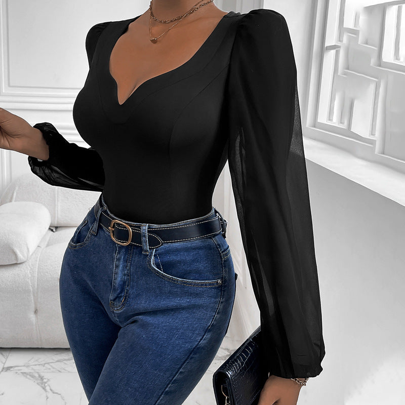 Damen Eleganter Body mit romantischen Puffärmeln und V-Ausschnitt Stalluxe