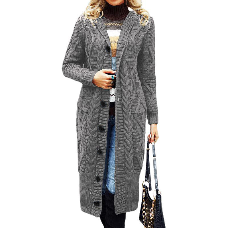 Damen Eleganter Strickmantel mit tiefem V-Ausschnitt und aufwendigem Zopfmuster Stalluxe