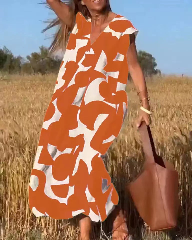 Damen lässiges Maxikleid mit kreativem Muster und tiefem V-Ausschnitt Stalluxe