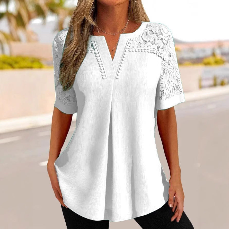 Damen modische Bluse mit Spitzenärmeln und elegantem V-Ausschnitt Stalluxe
