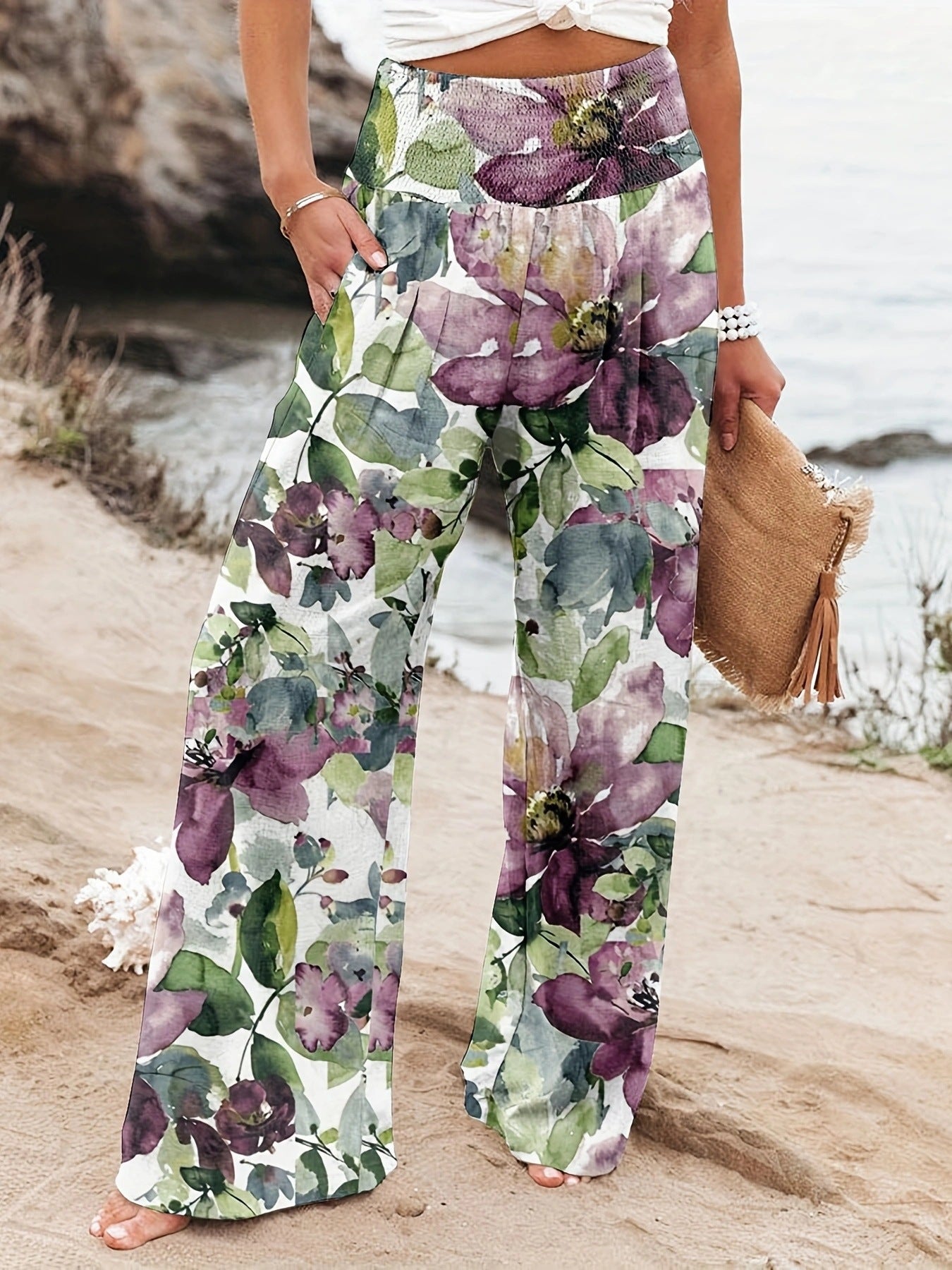 Damen Weit geschnittene Sommerhose mit floralem Print und elastischem Bund Stalluxe