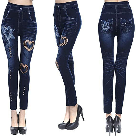 Damen Floral-Design Hochbund-Leggings aus Denim Stalluxe