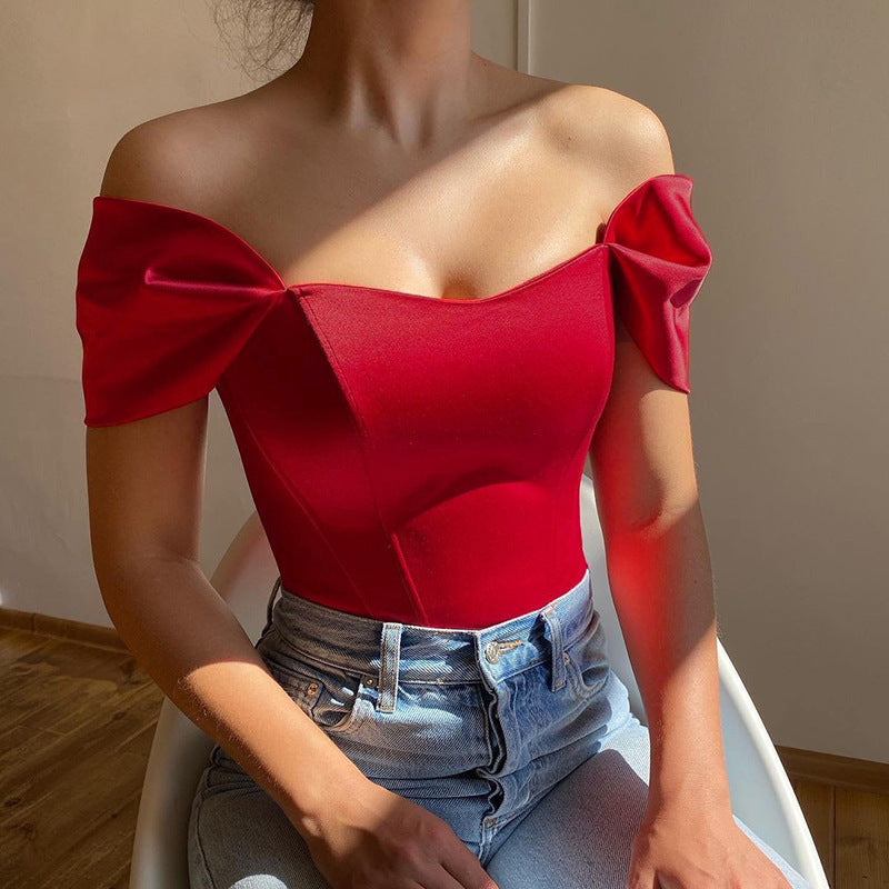 Damen Satin Off-Shoulder Korsett Bodysuit Stalluxe