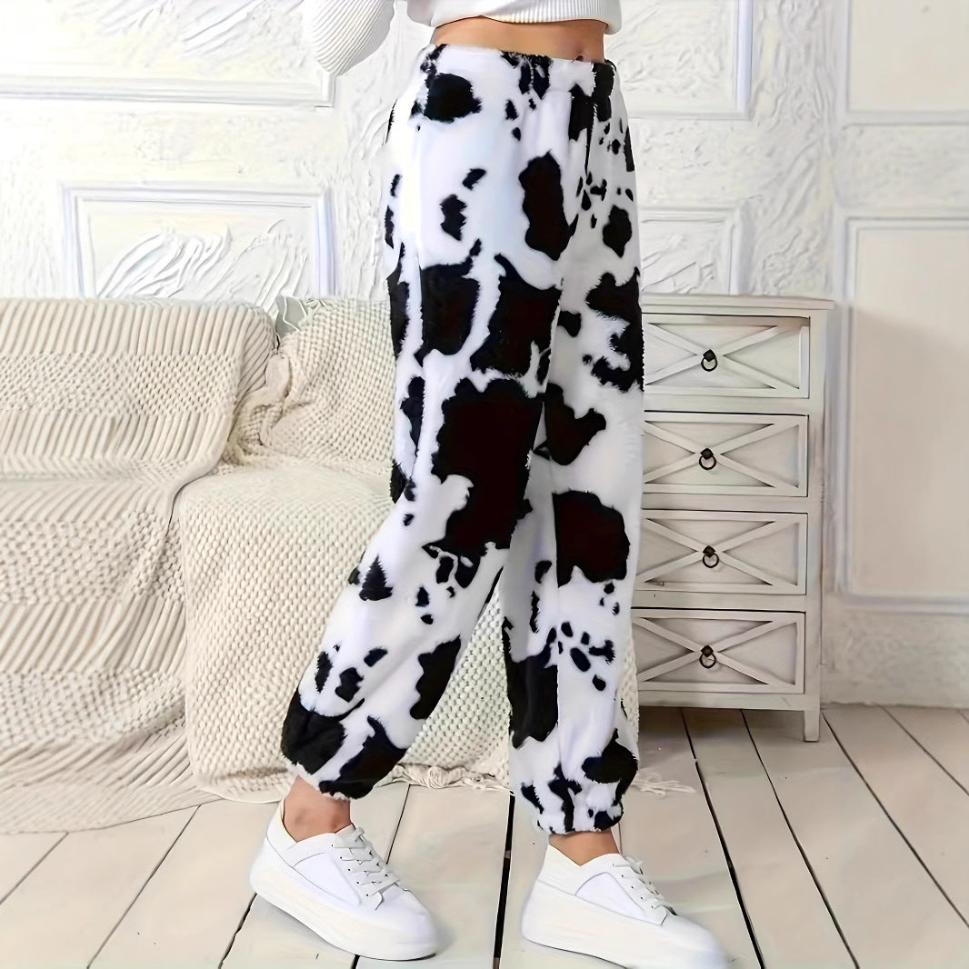 Damen Plüschhose mit modischem Kuhfleckenmuster und elastischem Bund Stalluxe