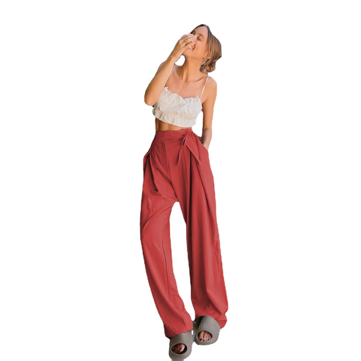 Damen Weite, hoch taillierte Stoffhose mit Bundfalten und Gürteldetail Stalluxe