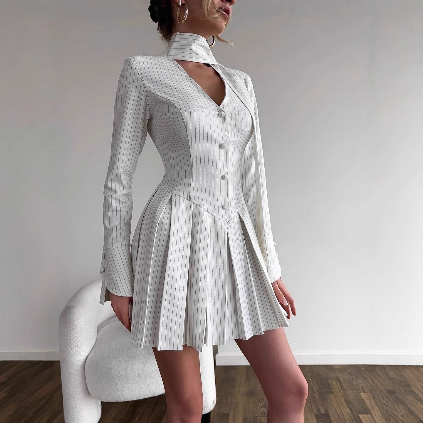 Damen Hemdblusenkleid mit Stehkragen und Faltenwurf Stalluxe