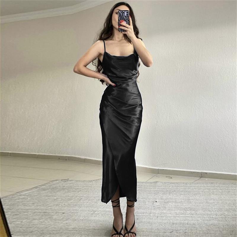 Damen Elegant drapiertes Maxikleid mit sexy Schlitz und schmalen Spaghetti-Trägern Stalluxe
