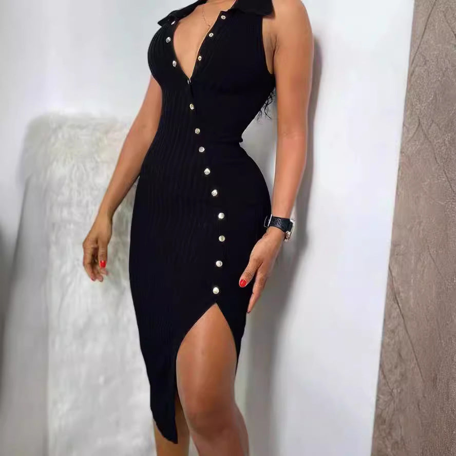 Damen Figurbetontes Midi-Kleid mit Knopfleiste und Schlitz Stalluxe