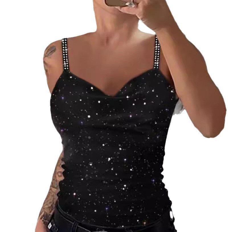 Damen Oberteil mit funkelndem Galaxie-Design und eleganten Spaghetti-Trägern Stalluxe