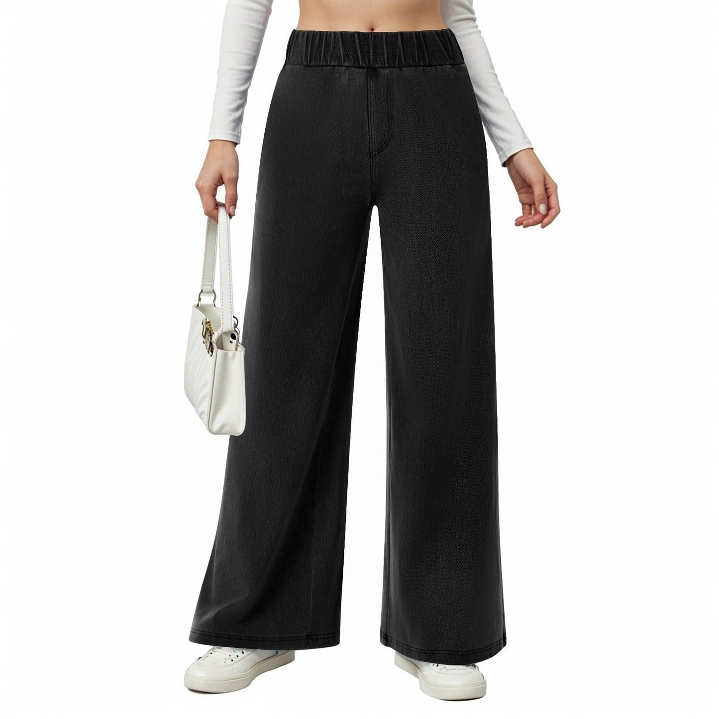 Damen weite Jeanshose mit Elastikbund und seitlichen Taschen Stalluxe