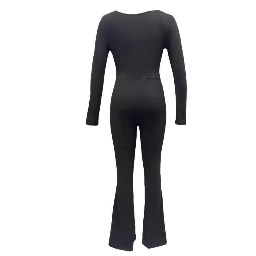 Damen Eleganter und figurbetonter Jumpsuit mit weitem Bein und langen Ärmeln Stalluxe