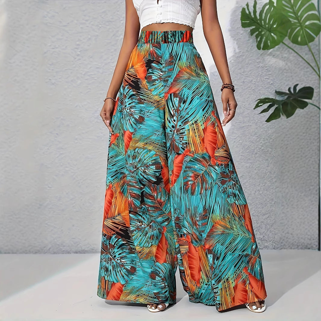 Damen Palazzo-Hose mit lebendigem Palmenmuster und elastischem High-Waist-Bund Stalluxe