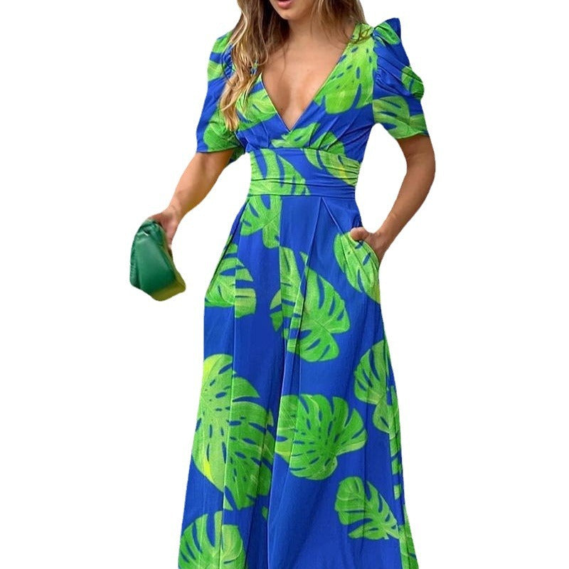 Damen Maxikleid mit floralem Design und Puffärmeln Stalluxe
