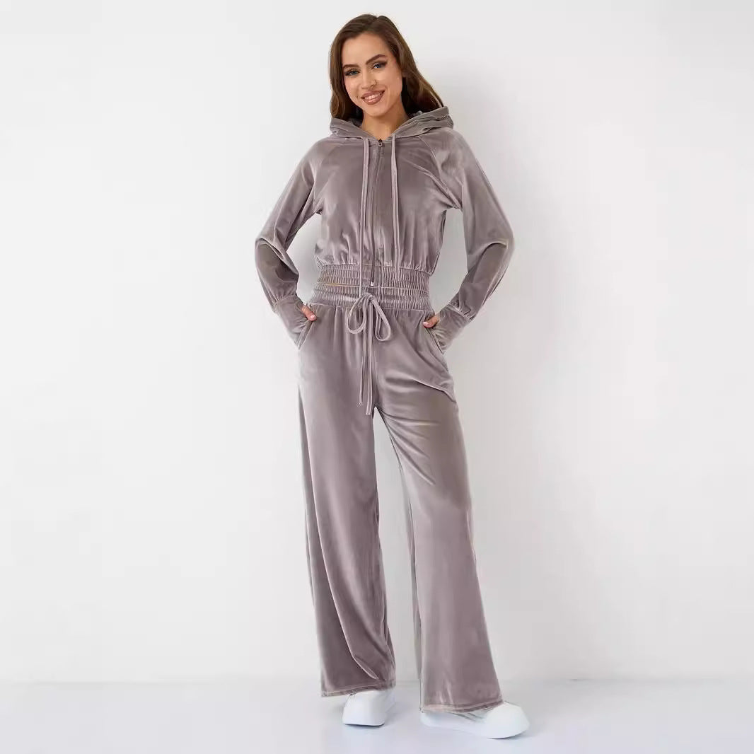 Damen luxuriöser Velours-Hoodie und weite Hose Set Stalluxe