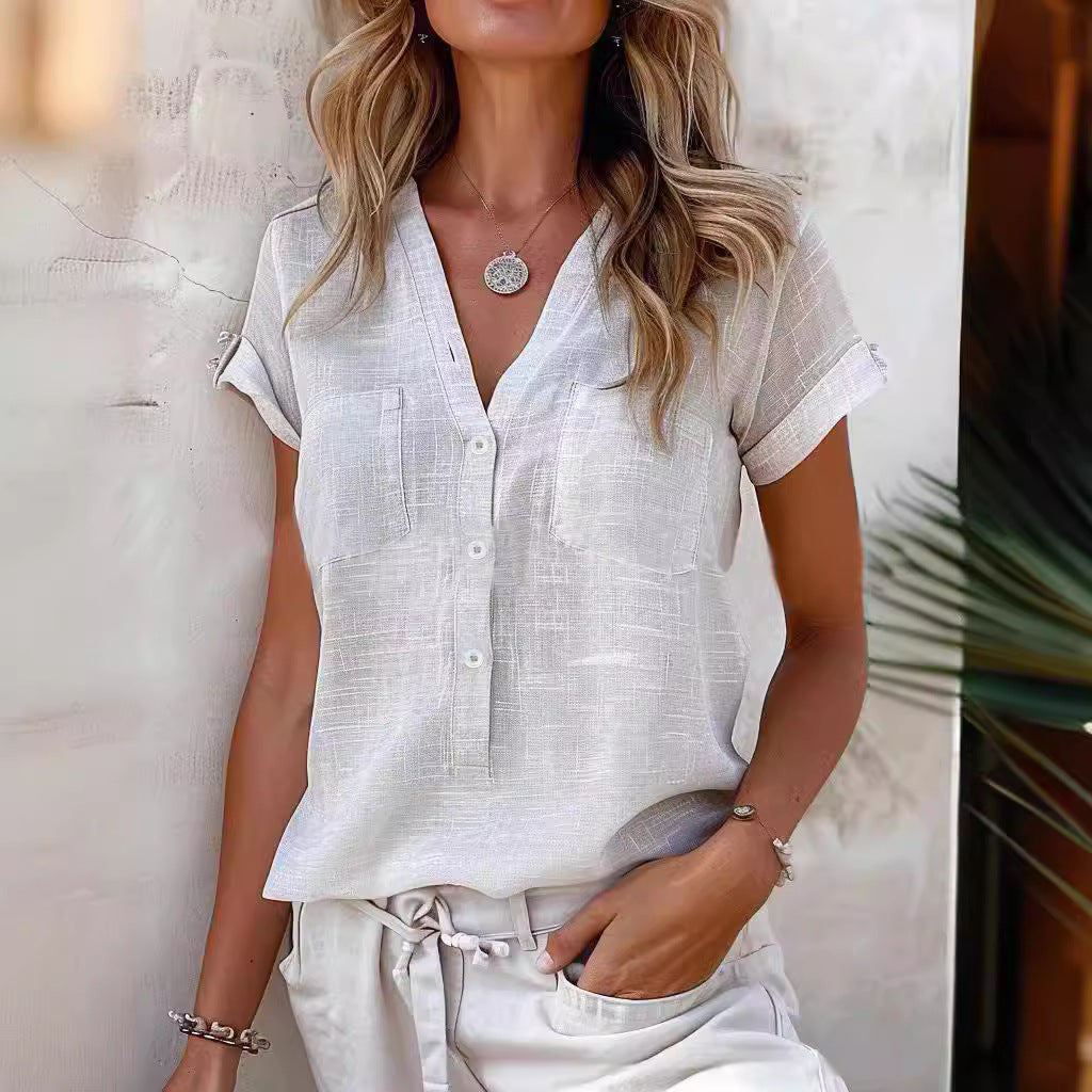 Damen Kurzarm Leinenbluse mit Knopfdetails Stalluxe