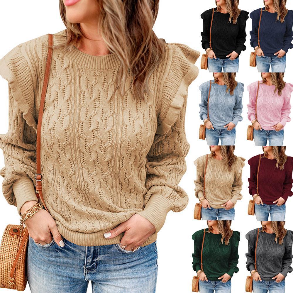 Damen Grobstrickpullover mit Rüschenärmeln und modischem Muster Stalluxe
