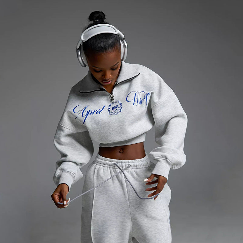 Damen modisches Sweatshirt mit Reißverschluss und weiten Jogginghose Stalluxe