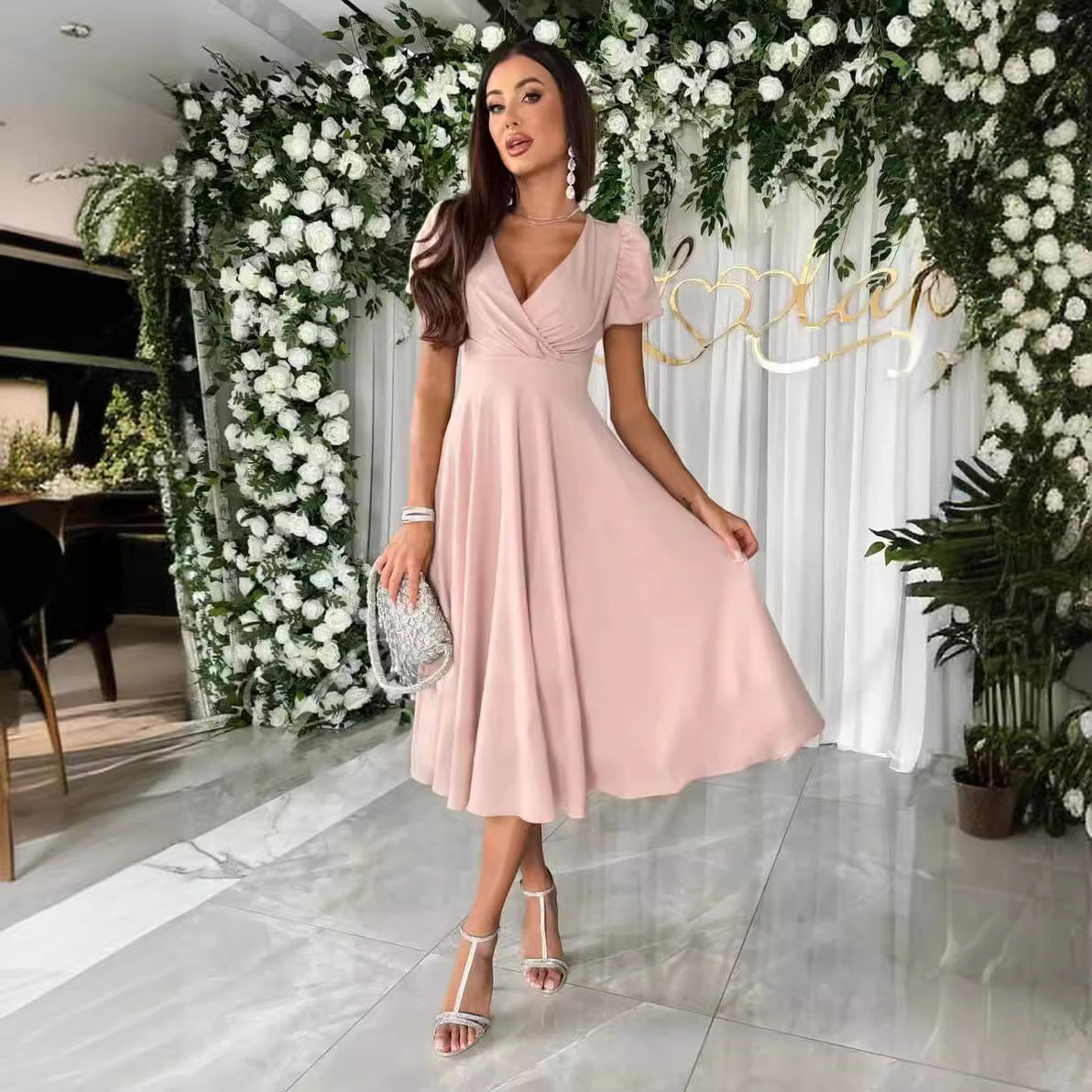 Damen Midi-Rock mit elegantem Wickeldesign und modischen Puffärmeln Stalluxe