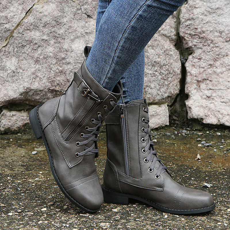 Damen Rinderleder Schnürstiefel mit seitlichem Reißverschluss und gepolstertem Kragen Stalluxe