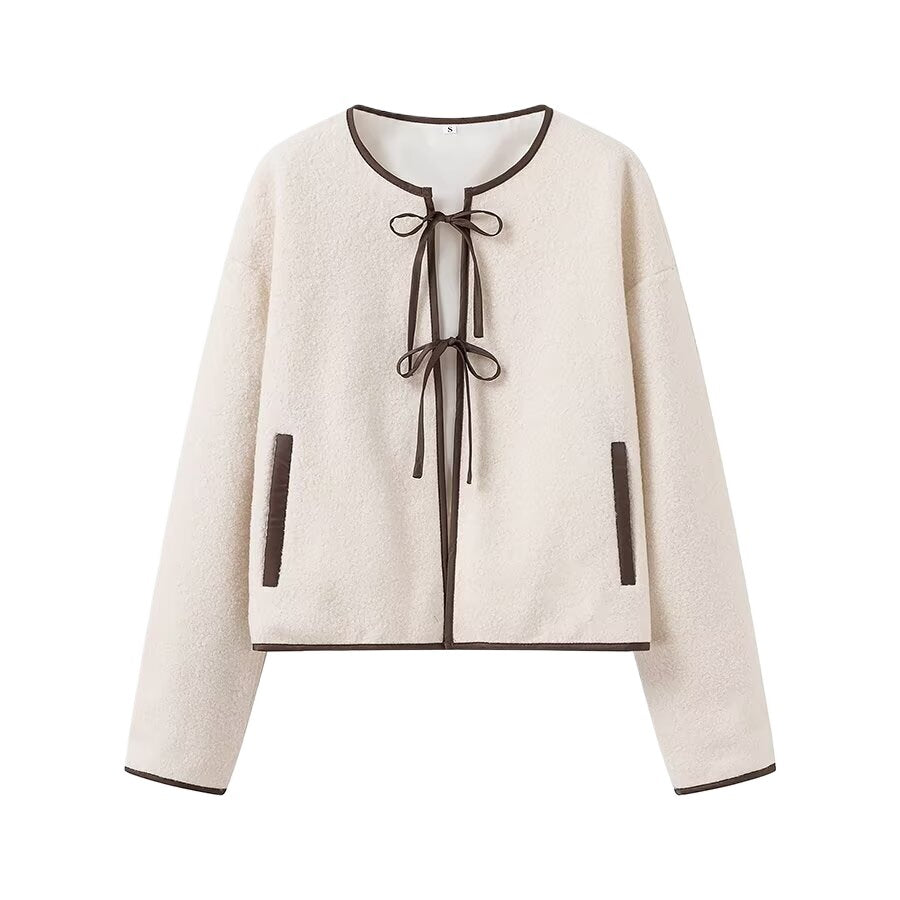 Damen cropped Fleecejacke mit dekorativem Bindeband und seitlichen Taschen Stalluxe