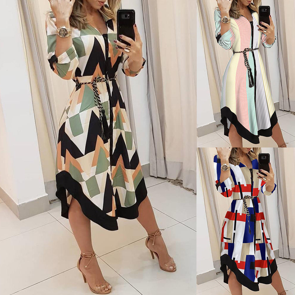 Damen Maxikleid mit Streifenmuster und Taillengürtel Stalluxe