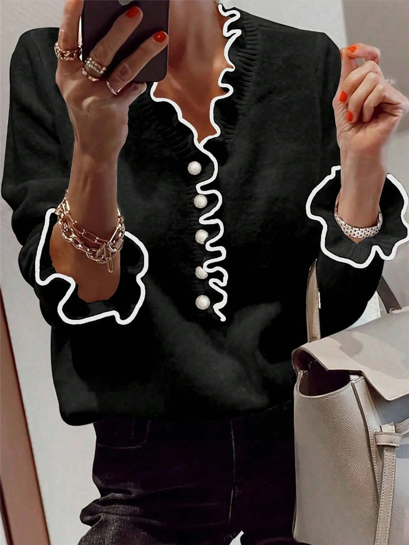 Damen Elegantes Sweatshirt mit Rüschendetails und Perlenknöpfen Stalluxe