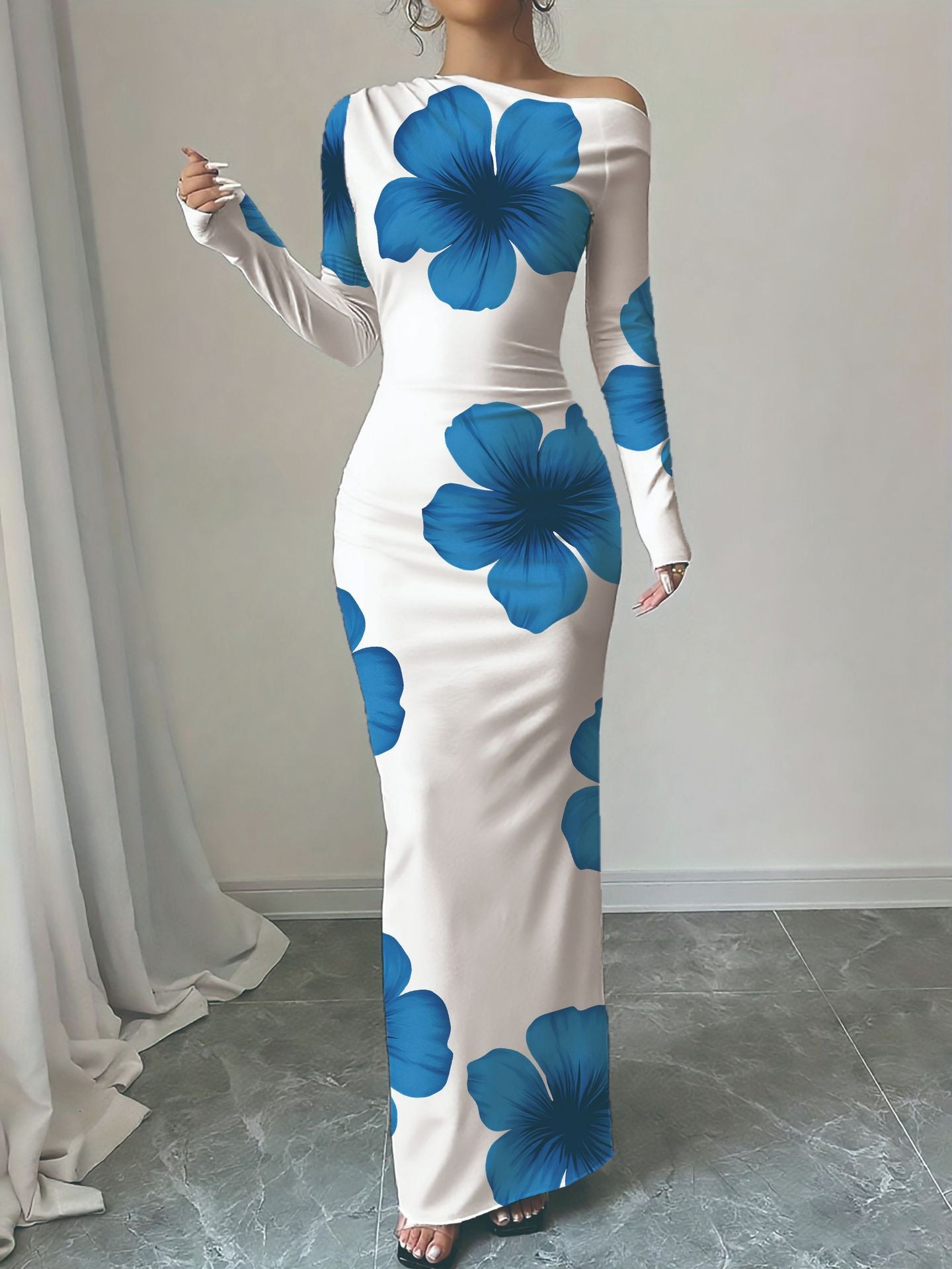 Damen elegantes Langarmkleid mit floralem Motiv Stalluxe