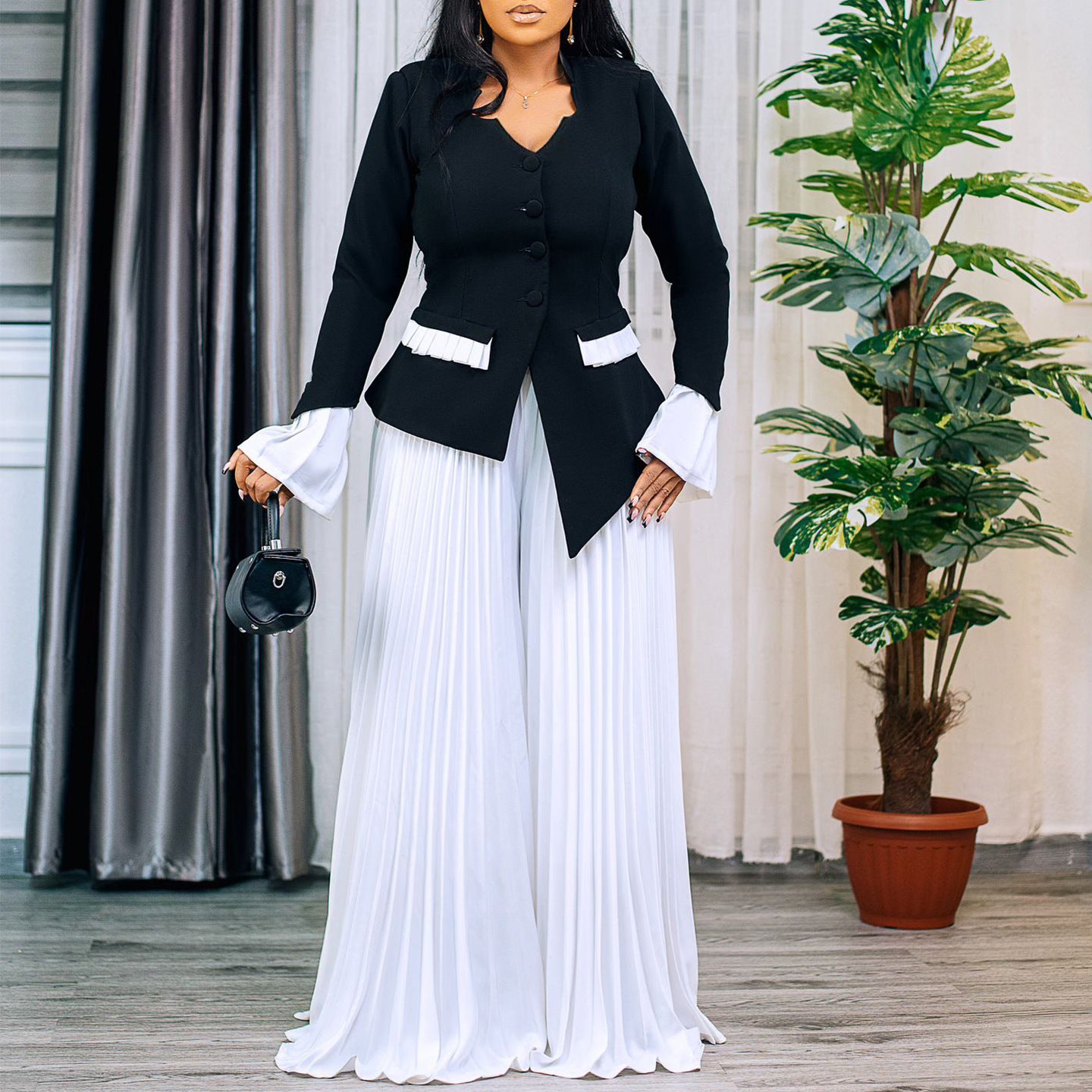 Damen Plissee Jumpsuit mit eleganter Blazerjacke und Raffdetails Stalluxe