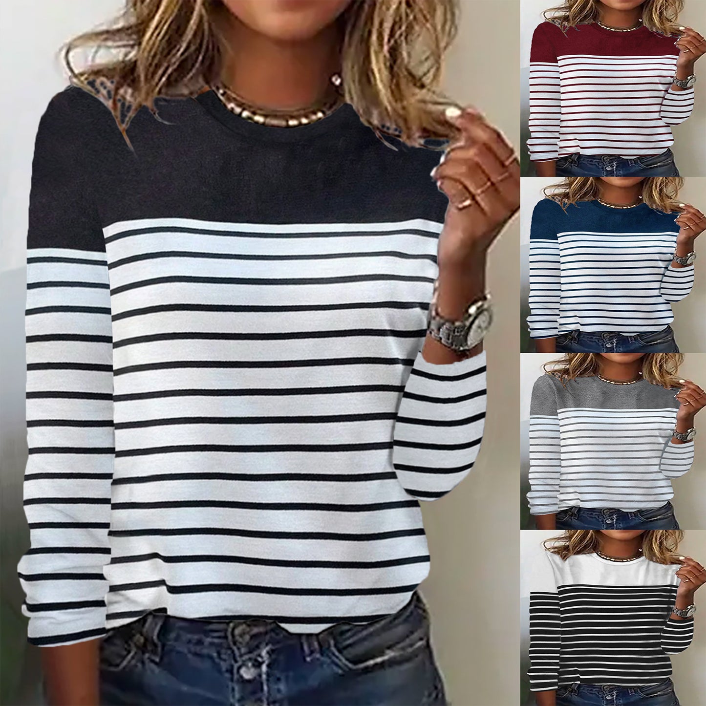 Damen Lässiges Rundhals Longsleeve mit Streifenmuster Stalluxe