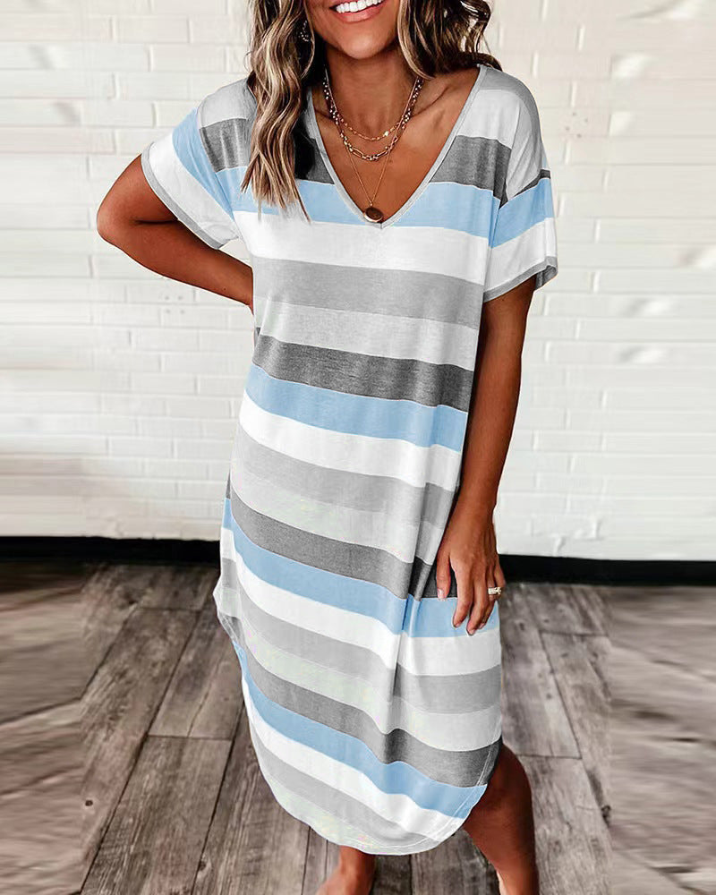 Damen lässiges Viskosekleid im gestreiften Design mit tiefem V-Ausschnitt Stalluxe