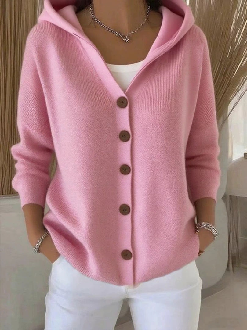 Damen lässige Strickjacke mit Kapuze und Knopfverschluss Stalluxe