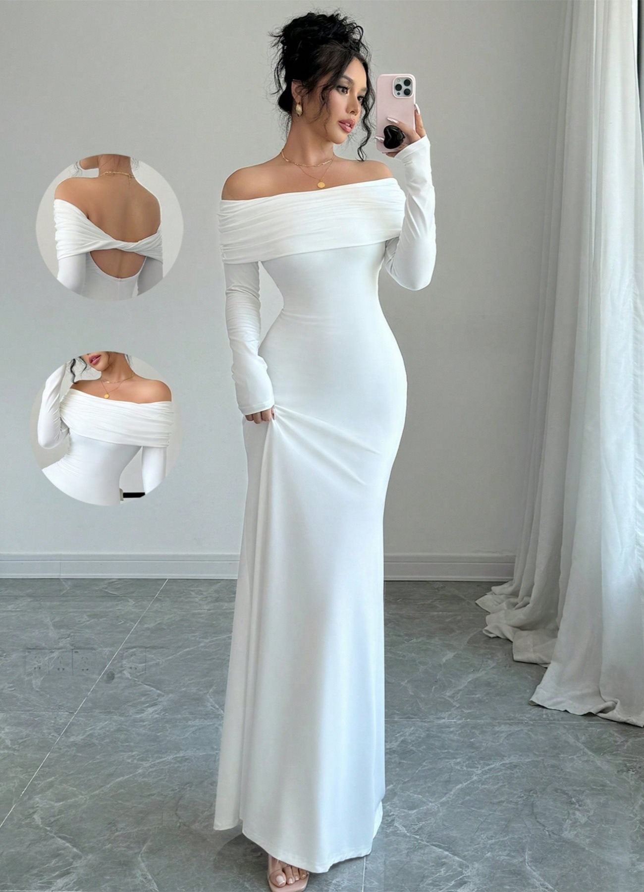 Damen elegantes Schulterfreies Langarm-Maxi-Kleid mit raffinierten Rückendetails Stalluxe